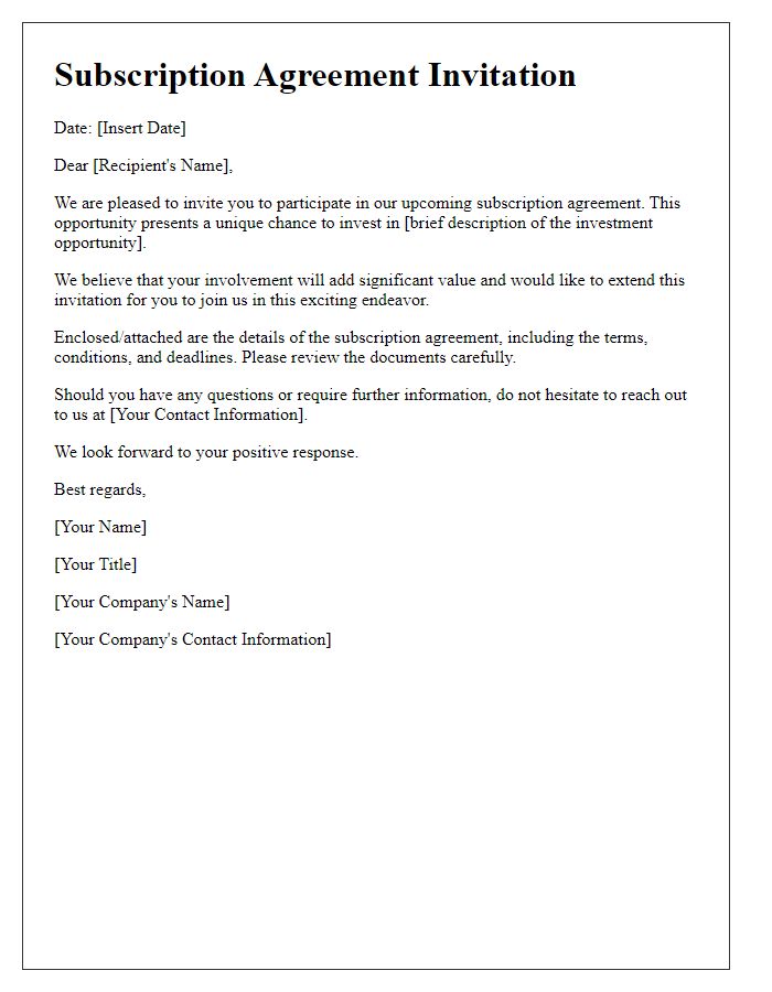 Letter template of subscription agreement invitation