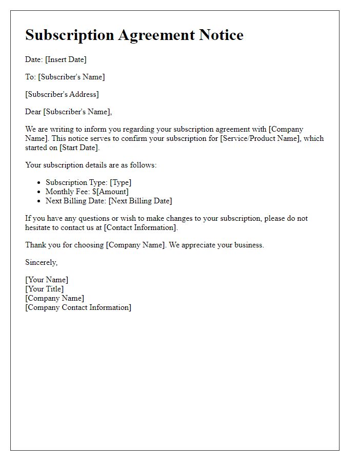 Letter template of subscription agreement notice