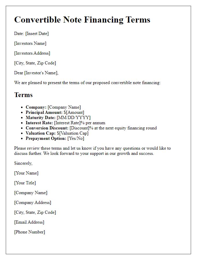 Letter template of convertible note financing terms