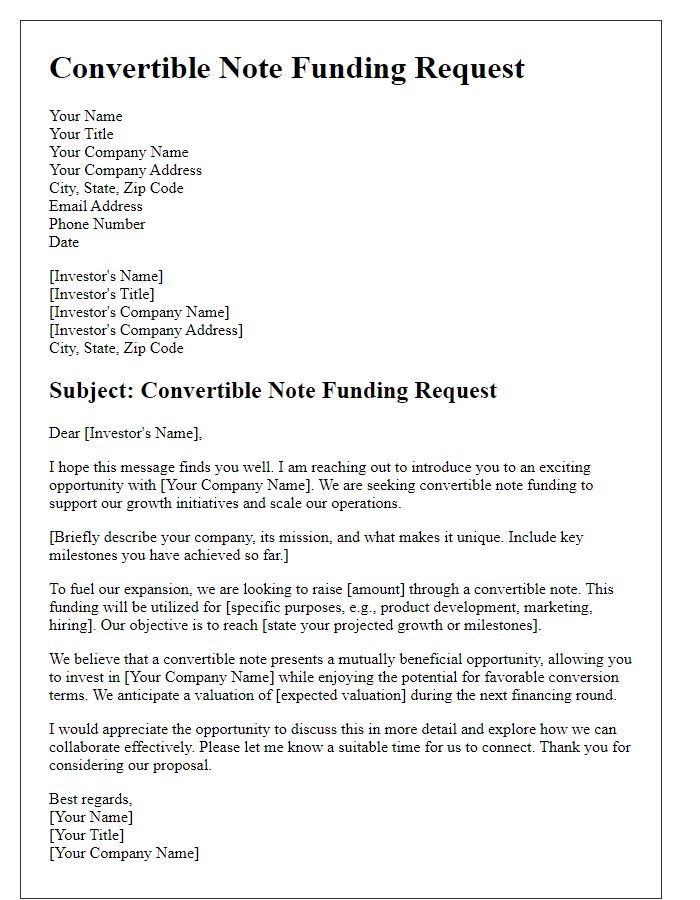 Letter template of convertible note funding request