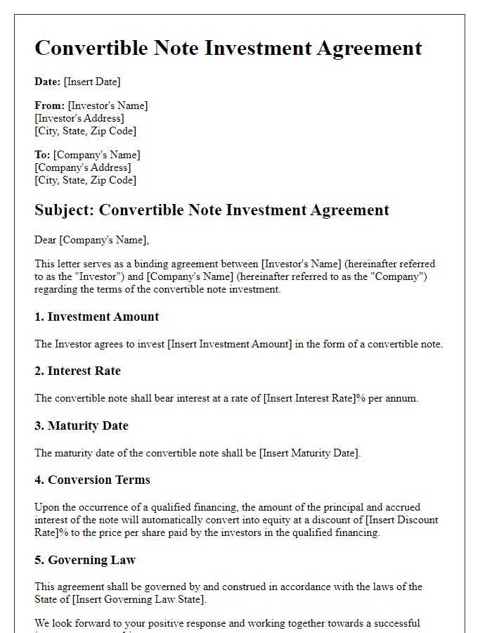 Letter template of convertible note investment agreement