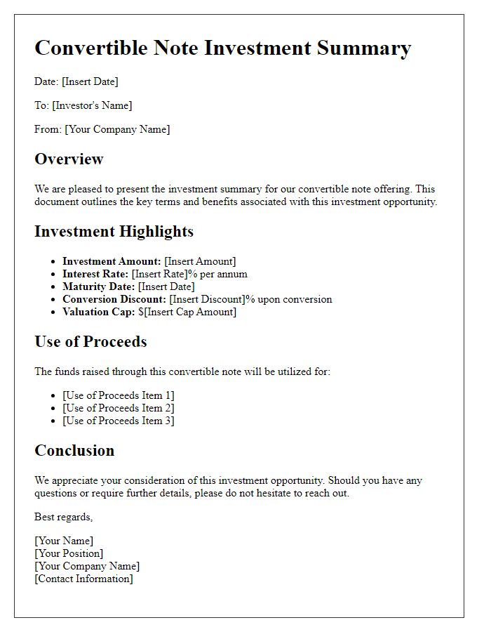 Letter template of convertible note investment summary