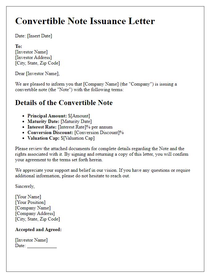 Letter template of convertible note issuance