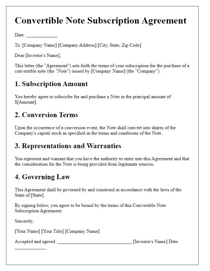 Letter template of convertible note subscription agreement