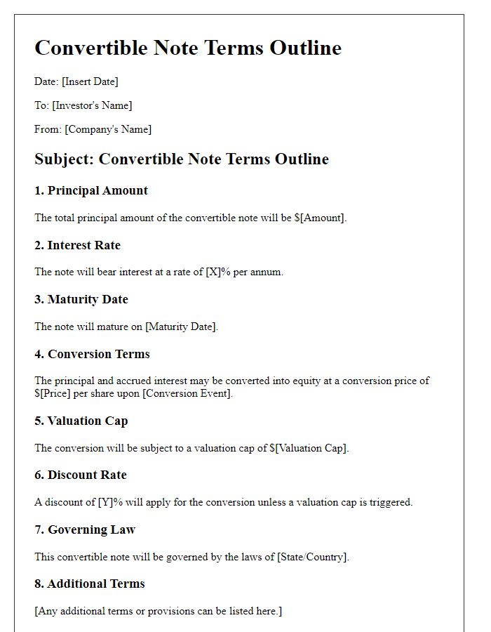 Letter template of convertible note terms outline