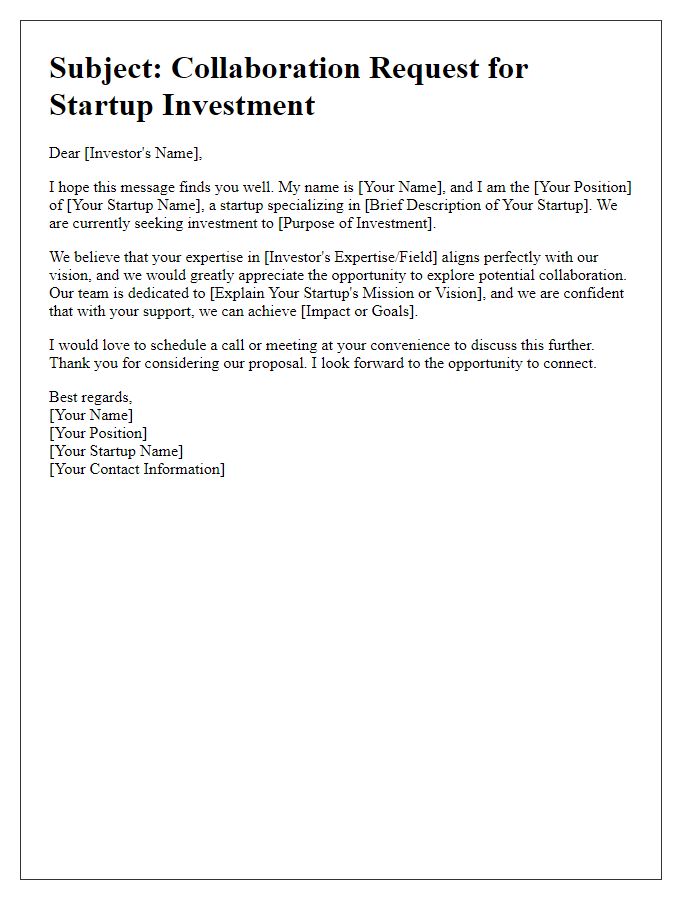 Letter template of collaboration request for startup investment.