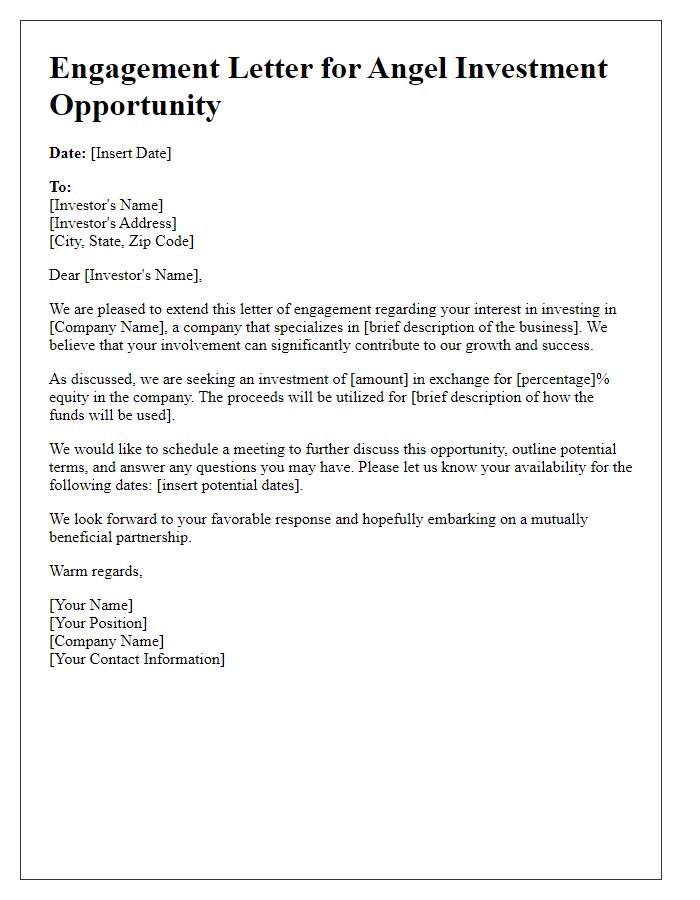 Letter template of engagement for angel investment opportunity.