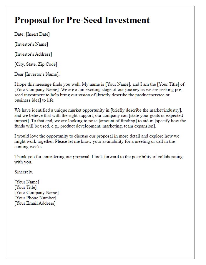 Letter template of proposal for pre-seed investment discussion.