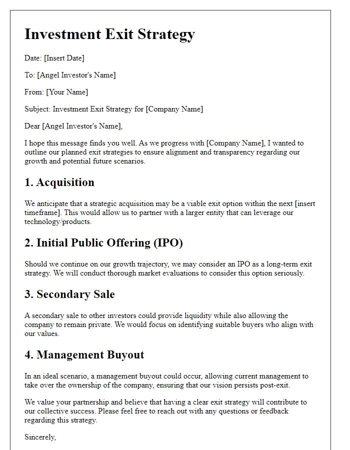 Letter template of investment exit strategy for angel investors