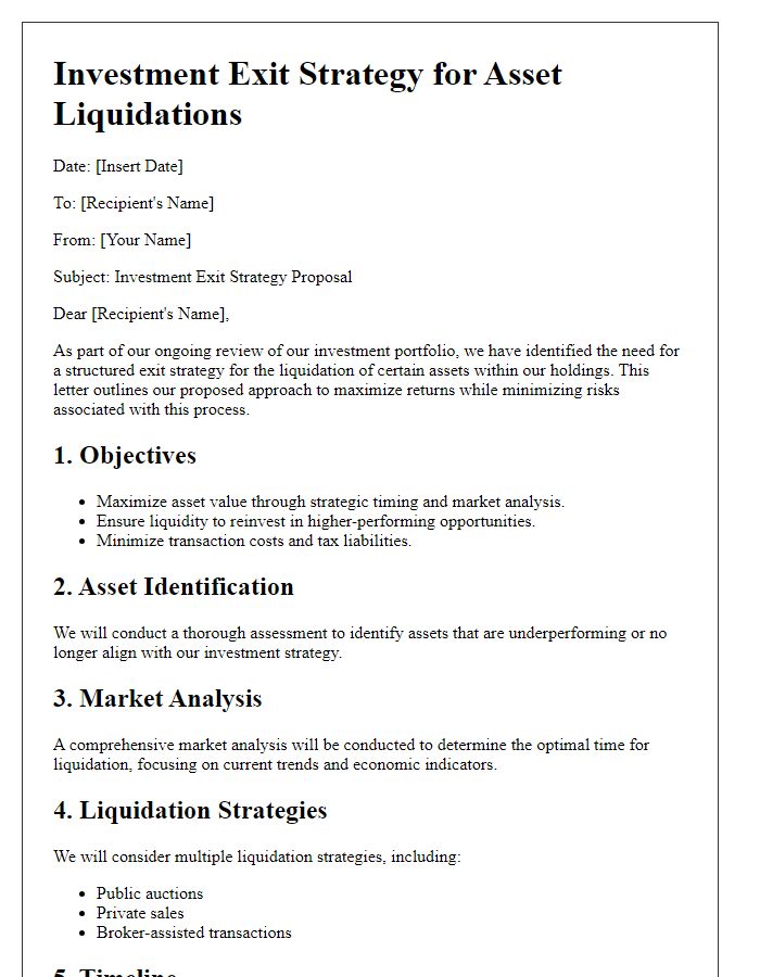 Letter template of investment exit strategy for asset liquidations