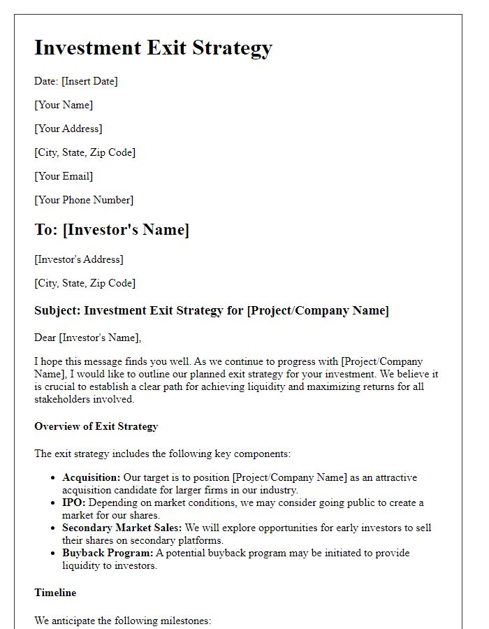 Letter template of investment exit strategy for crowdfunding platforms