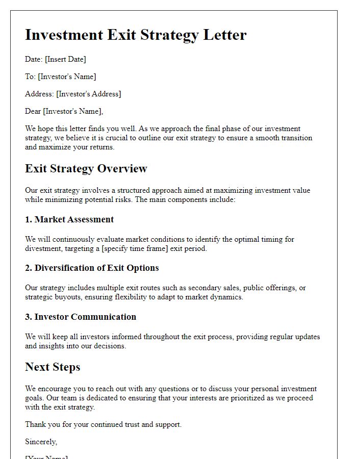 Letter template of investment exit strategy for hedge fund managers