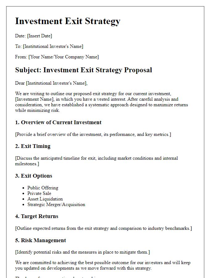 Letter template of investment exit strategy for institutional investors