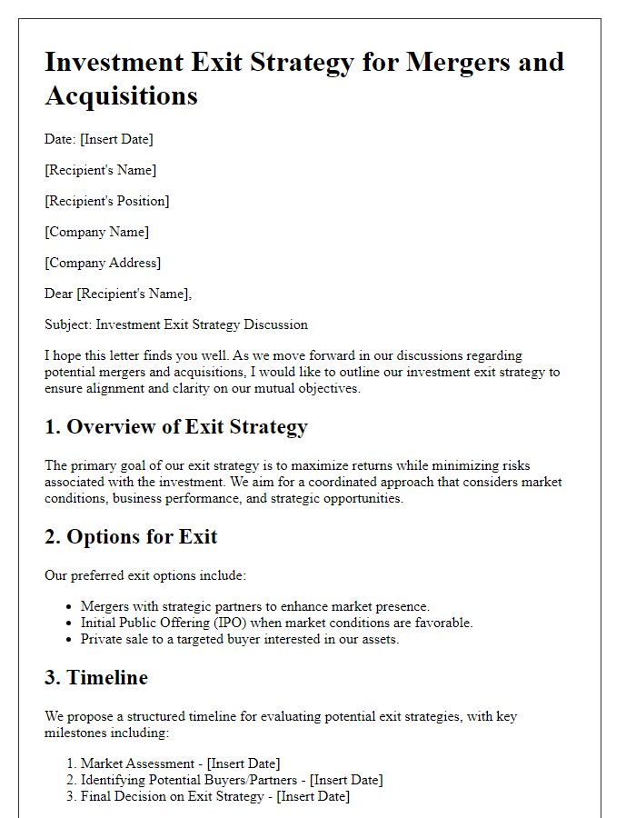 Letter template of investment exit strategy for mergers and acquisitions