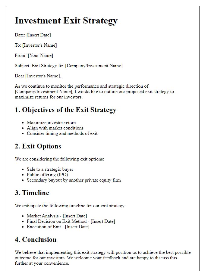 Letter template of investment exit strategy for private equity investors