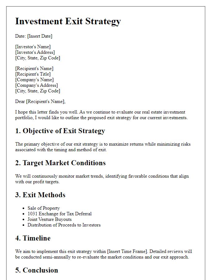 Letter template of investment exit strategy for real estate investments