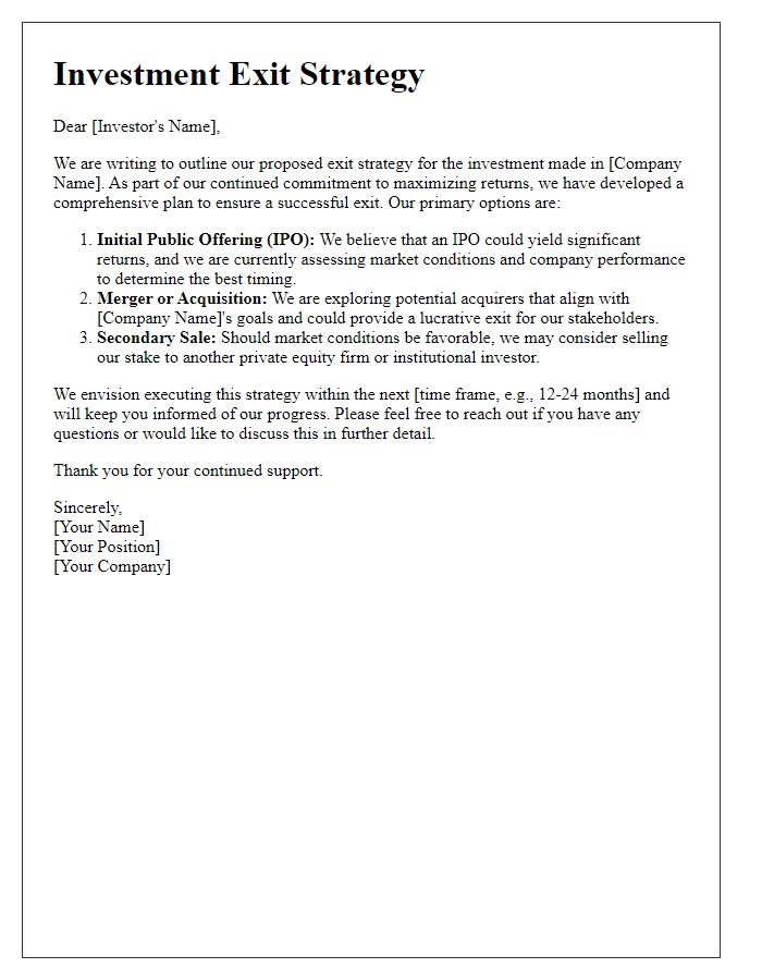 Letter template of investment exit strategy for venture capital firms