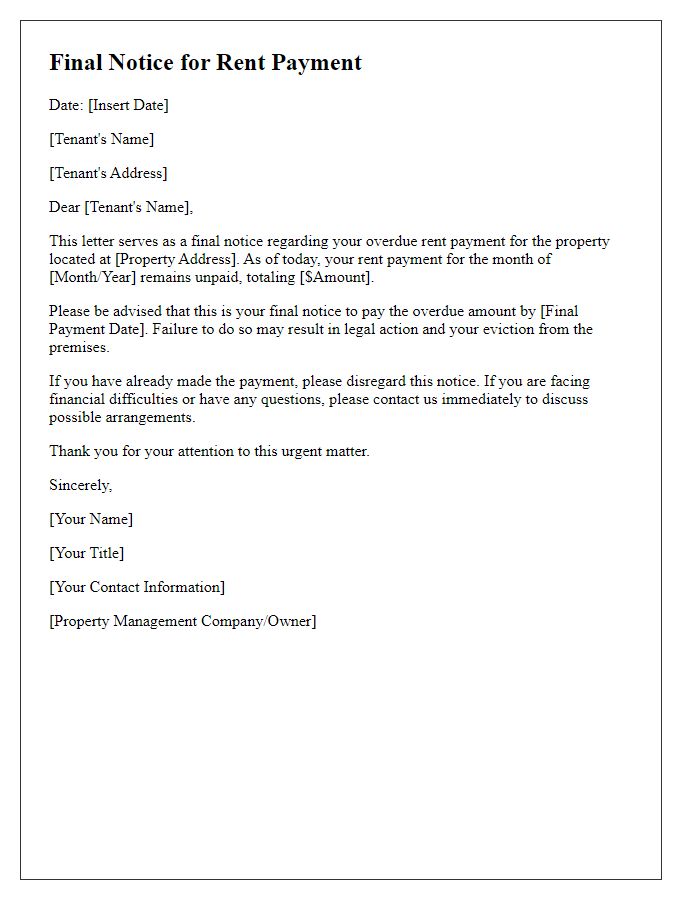 Letter template of final notice for rent payment to tenant