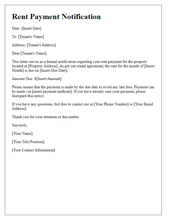 Letter template of formal rent payment notification for tenants