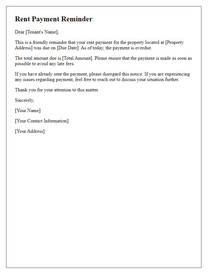 Letter template of rent payment reminder for overdue tenant