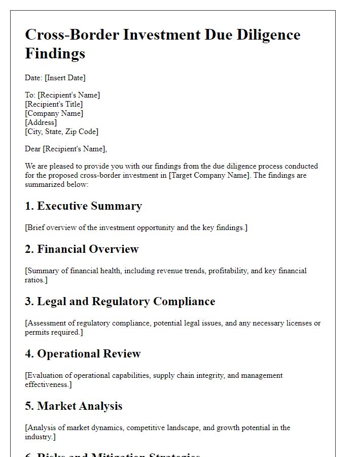 Letter template of cross-border investment due diligence findings