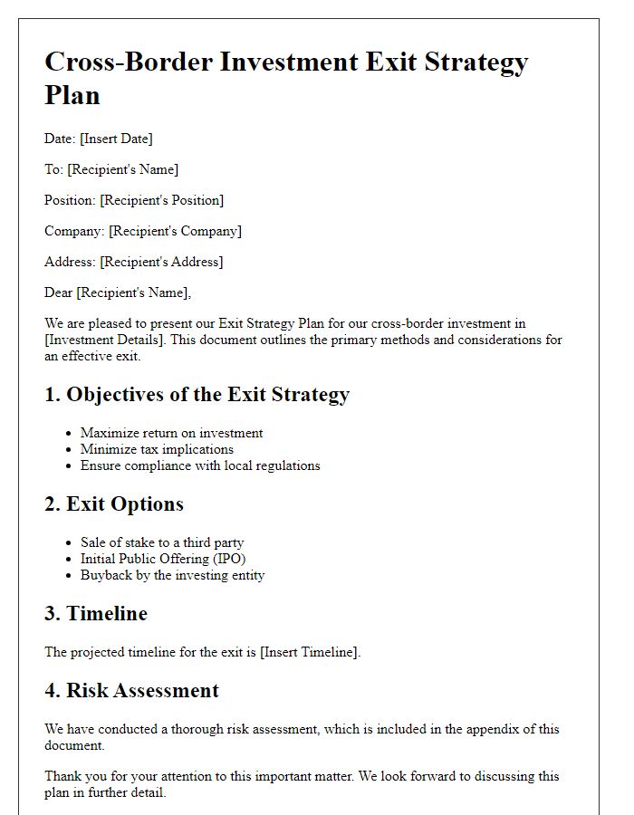 Letter template of cross-border investment exit strategy plan