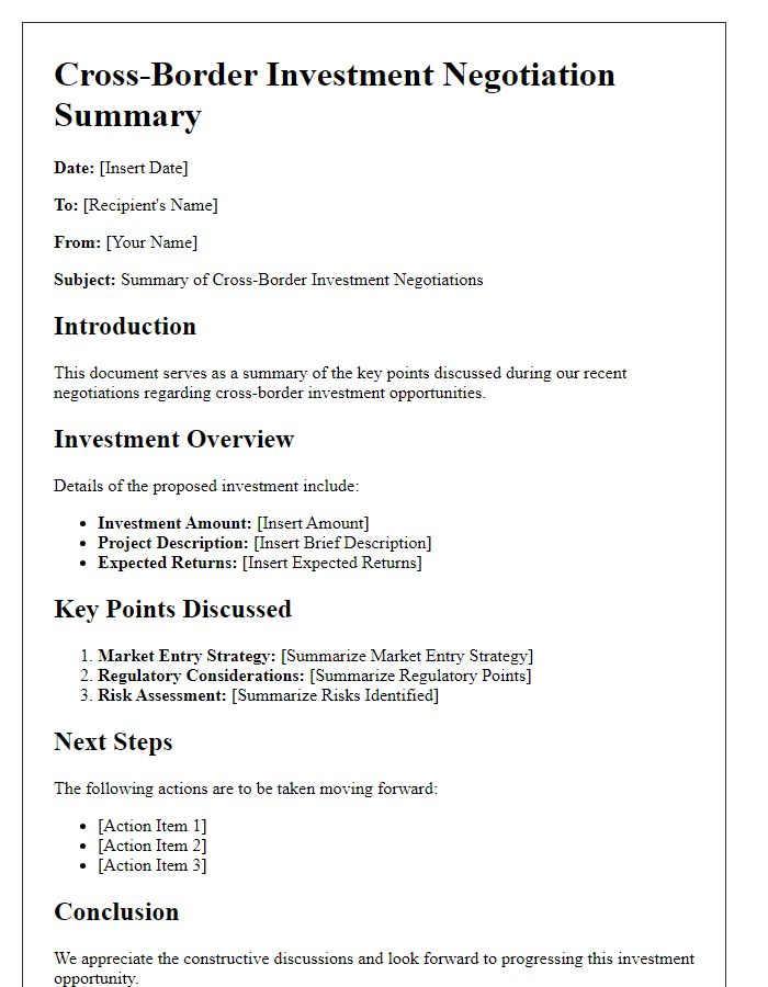 Letter template of cross-border investment negotiation summary