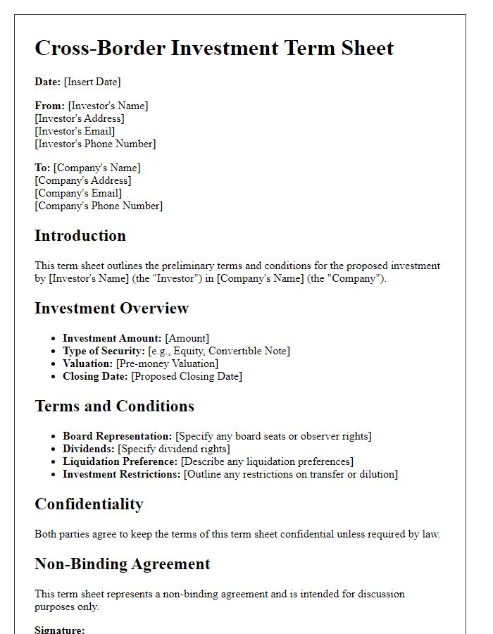 Letter template of cross-border investment term sheet