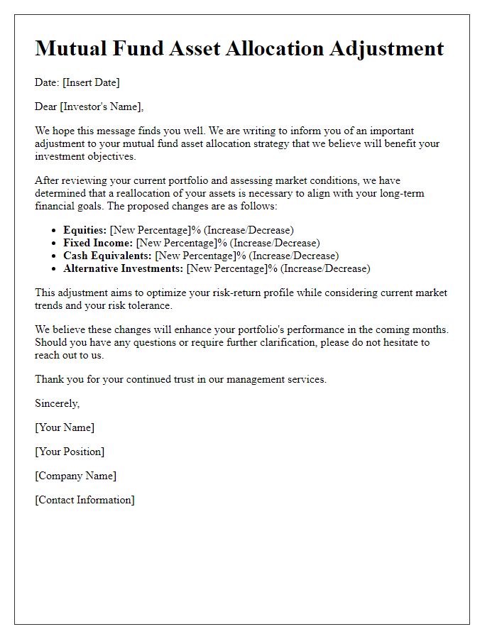 Letter template of mutual fund asset allocation adjustment