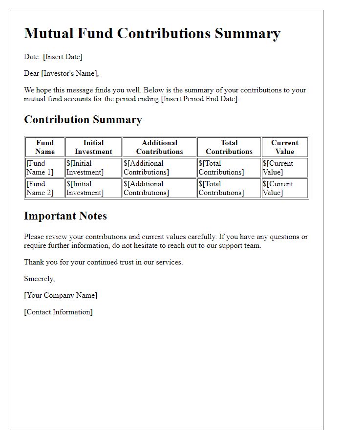 Letter template of mutual fund contributions summary