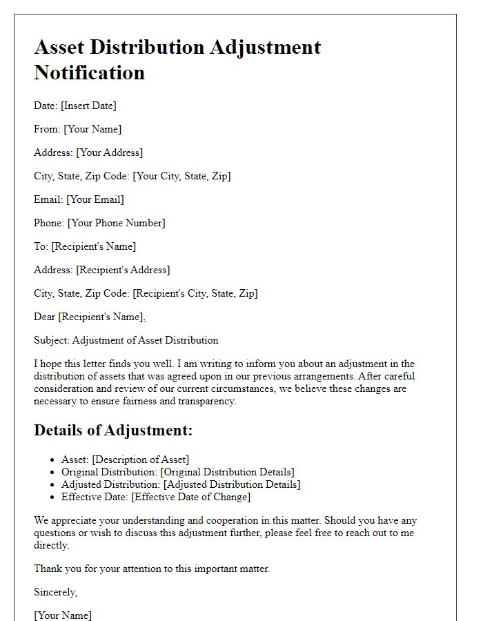 Letter template of asset distribution adjustment