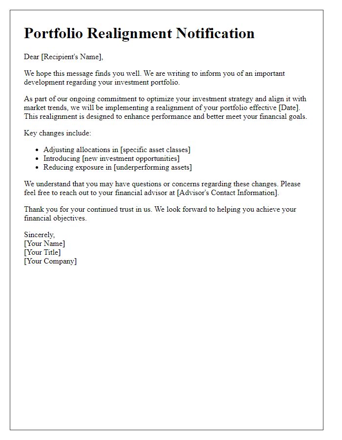 Letter template of portfolio realignment notification