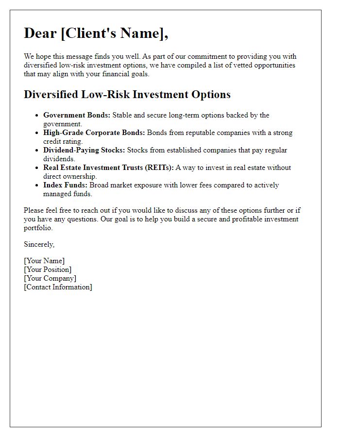 Letter template of diversified low-risk investment options