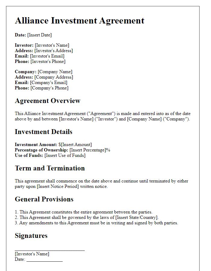 Letter template of alliance investment agreement