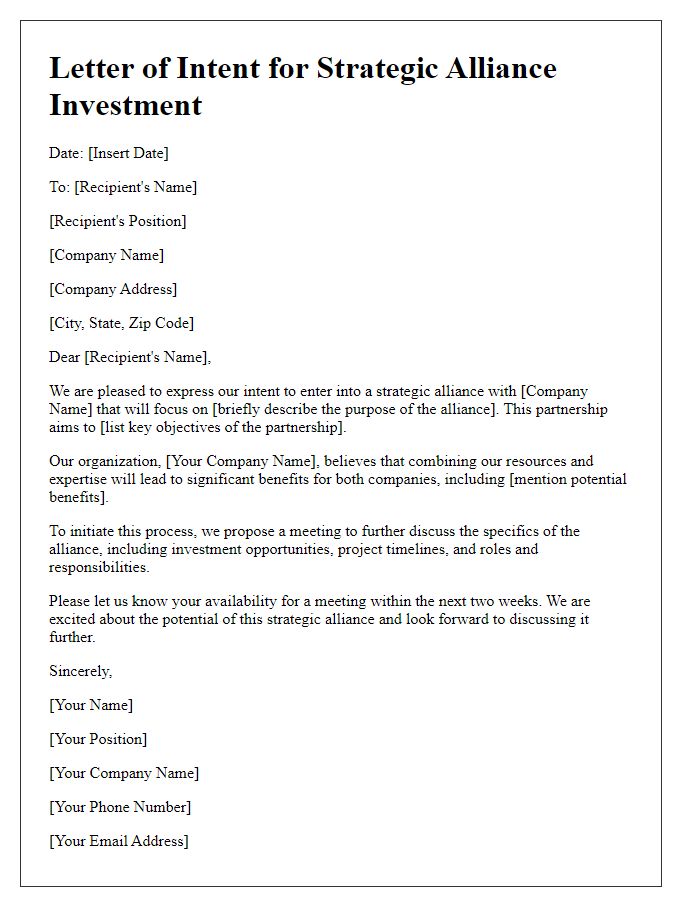 Letter template of strategic alliance investment intent