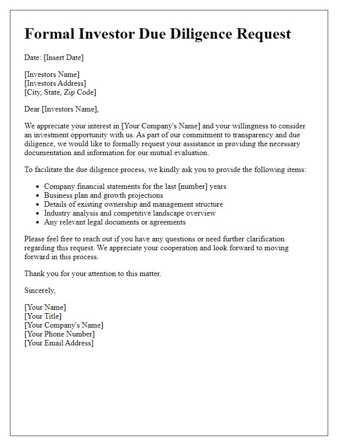 Letter template of formal investor due diligence request