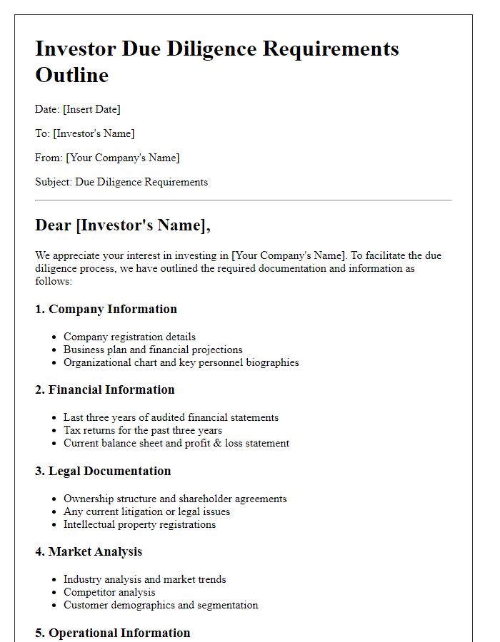 Letter template of investor due diligence requirements outline