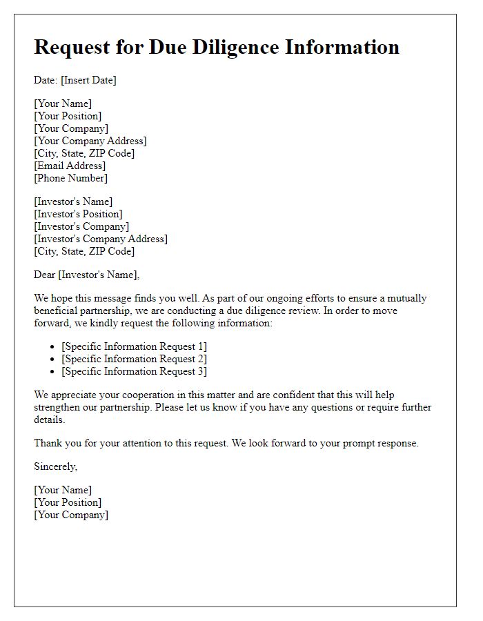 Letter template of request for investor due diligence information