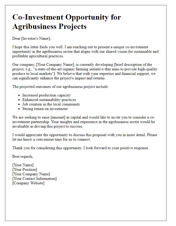 Letter template of co-investment opportunity for agribusiness projects.