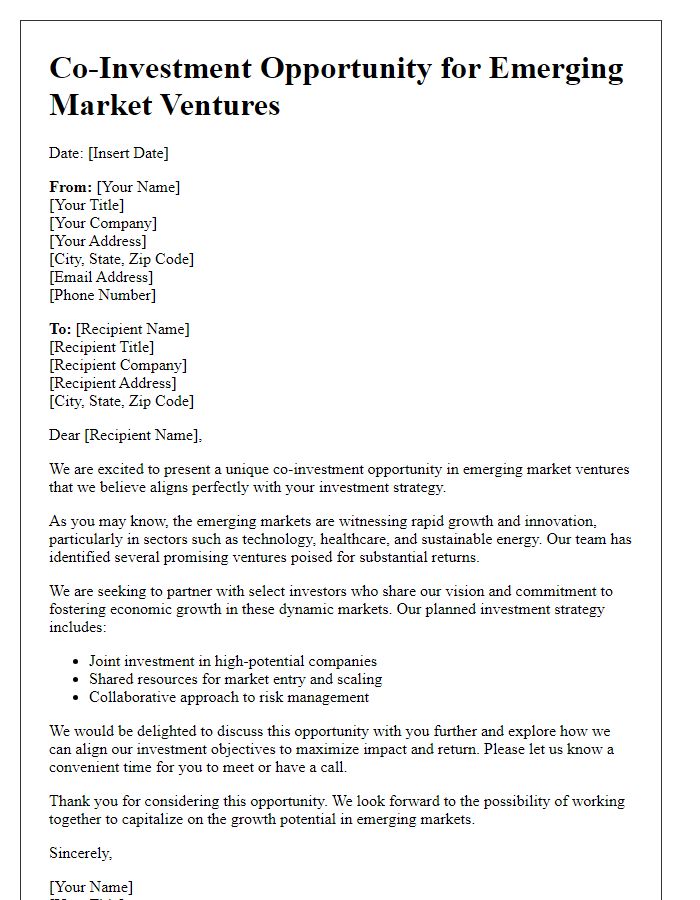 Letter template of co-investment opportunity for emerging market ventures.