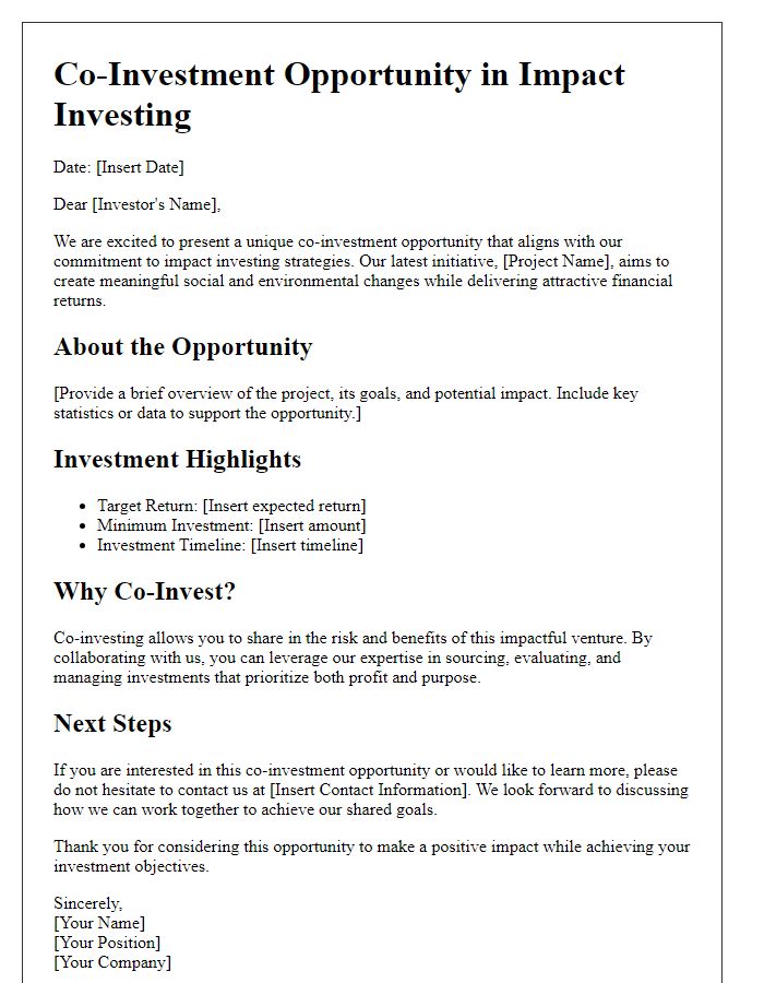 Letter template of co-investment opportunity for impact investing strategies.