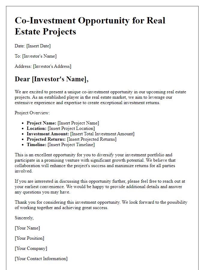 Letter template of co-investment opportunity for real estate projects.