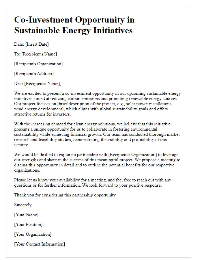 Letter template of co-investment opportunity for sustainable energy initiatives.