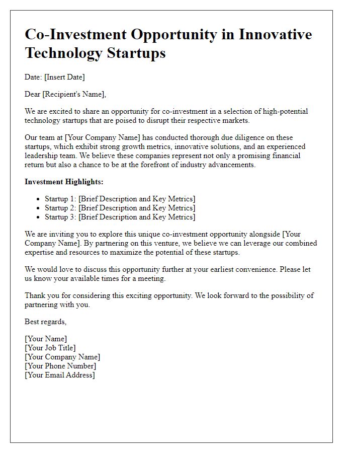 Letter template of co-investment opportunity for technology startups.