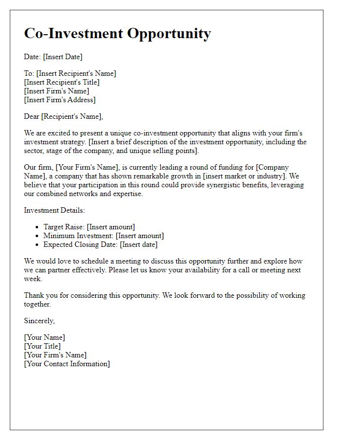 Letter template of co-investment opportunity for venture capital firms.