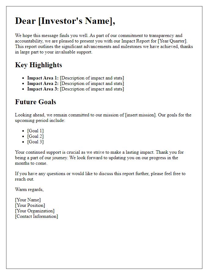 Letter template of impact report for current investors