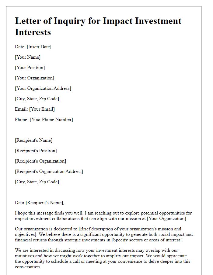 Letter template of inquiry for impact investment interests