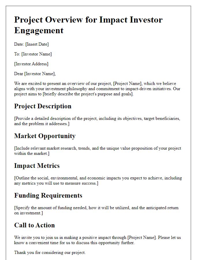 Letter template of project overview for impact investor engagement