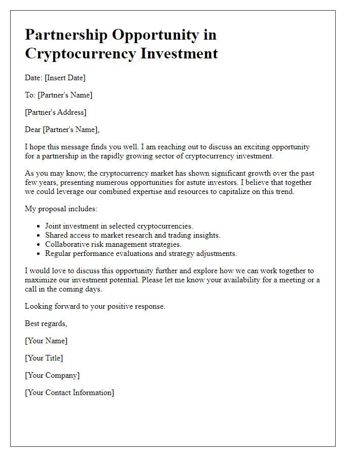 Letter template of cryptocurrency investment partnership opportunity