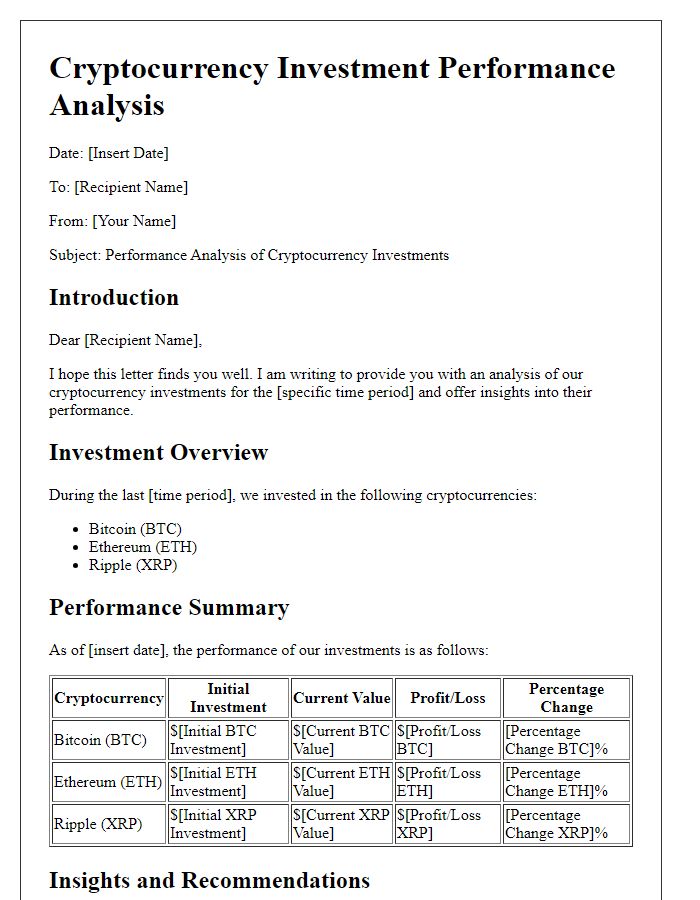 Letter template of cryptocurrency investment performance analysis